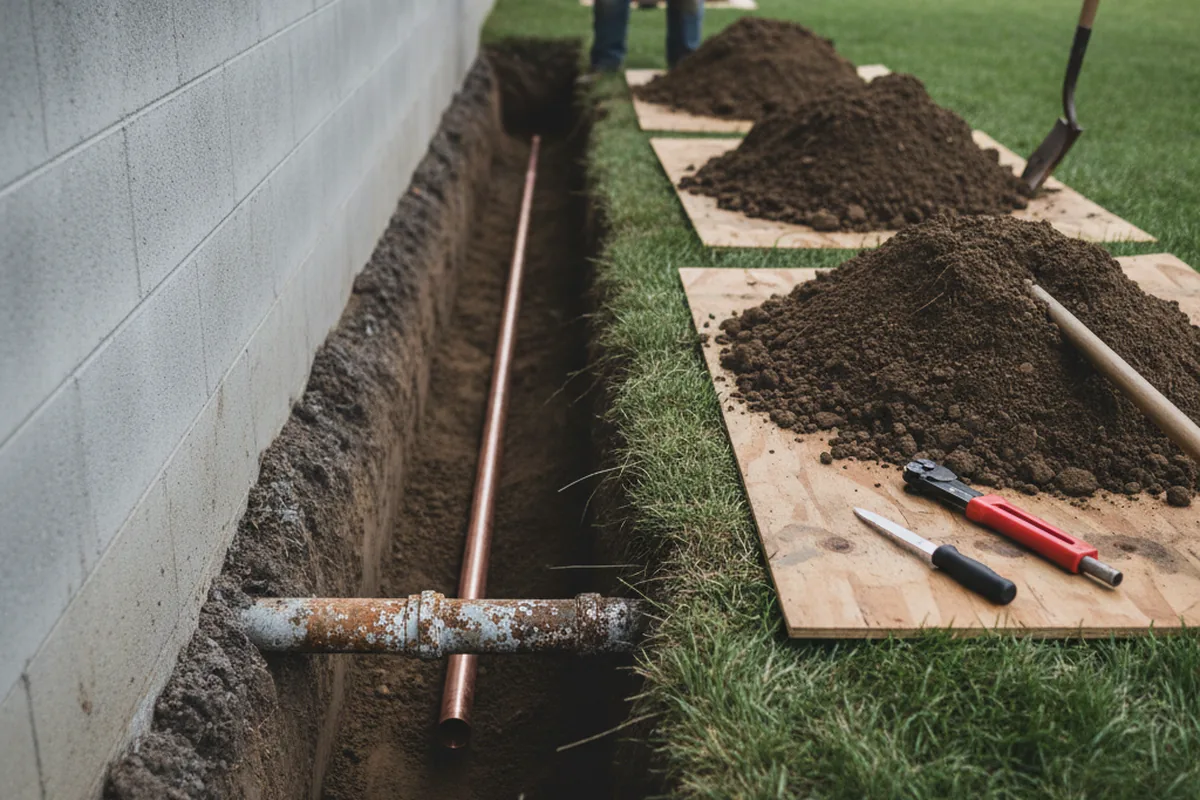 Excavated water line trench during Water Softener Installation in Fairfax